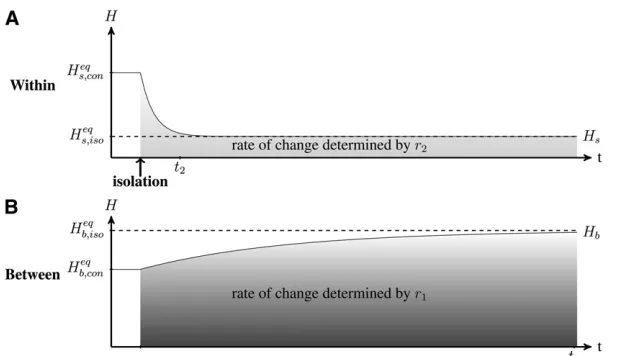 Figure 2 Dynamics of (A) within-population149,000 generations andto reach the within- and between-population genetic di-versity equilibrium, respectively (Equation 8)