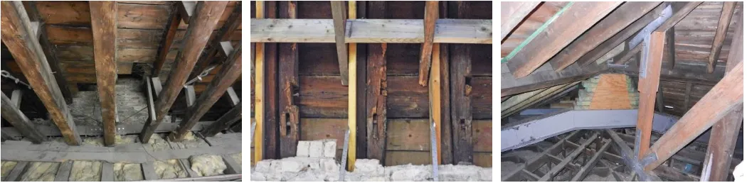 Figure 8. Past interventions. From left to right: Steel beam and ties counteracting the collars’ deflection in Gardyne’s Land (Dun-dee), 18C and 21C timbers strengthening the original 17C timbers in Panmure House (Edinburgh), timber posts/struts and steel 