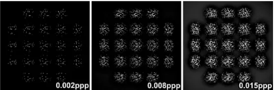 Fig. 10. (Color online) Comparison of raw (left) and refocused (right) particle images at 0.008ppp seeding density