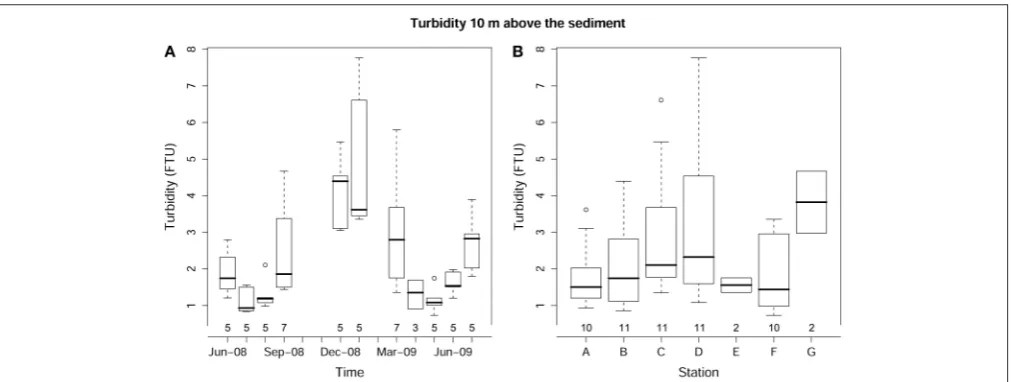 FIGURE 3 | Box-whisker plot for turbidity showing variations in time (A) and across sediment types (B)