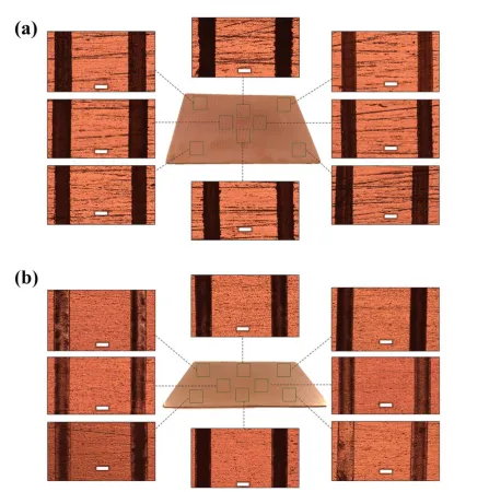 Figure 6: Optical micrographs of linear copper patterns transferred on to A7 cathode plates using US 