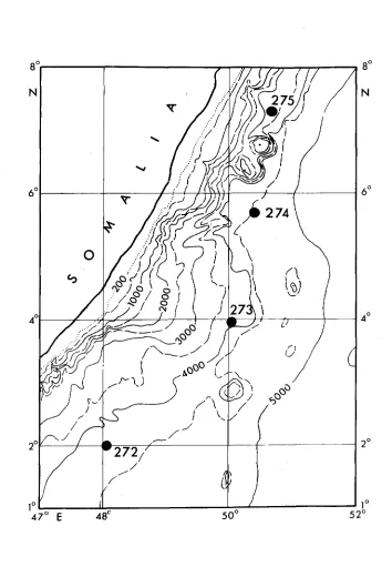 Fig. 1 Mooring positions (272-275) and bathymetry of experimental site. Depth contours in metres