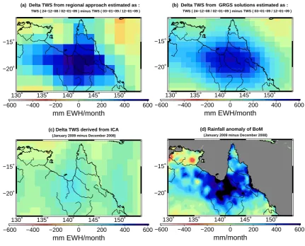 Fig. 13. �anomalies for January 2009TWS time series map derived from regional solutions (a), from GRGS RL02 (b), from ICA-ﬁltered solutions (c) and rainfall (d)