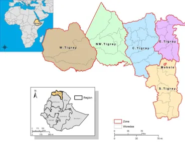 Figure 1 Tigray region, Ethiopia, and its administrative boundaries. Boundaries are represented according to the Global Administrative Unit Layers (GAUL) spatial database