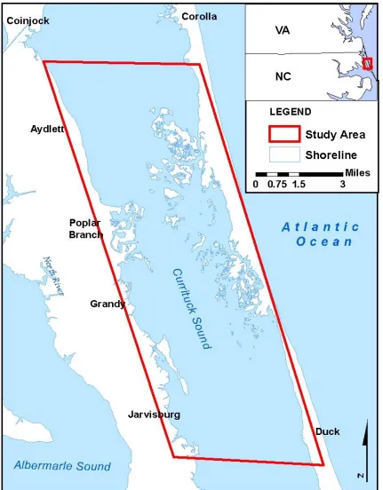 Figure 2.1. Study area for SAV sampling and remote sensing within the Currituck Sound making up the uppermost portion of the Albemarle-Pamlico Estuary System
