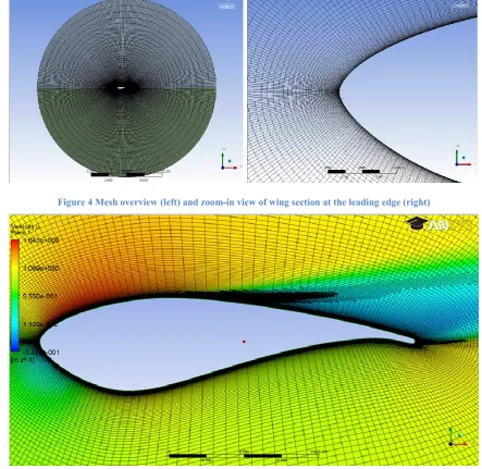 Figure 4 Mesh overview (left) and zoom-in view of wing section at the leading edge (right) 