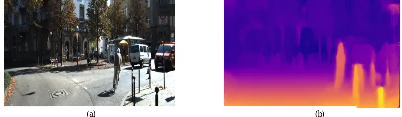 Fig. 1. Depth map (brighter pixels are closer to camera) (a) Original image (b) Corresponding depth map