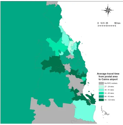 Figure 10: Average travel times FIFO workers to Cairns Airport (using postal areas)  Source: JCU FIFO survey 