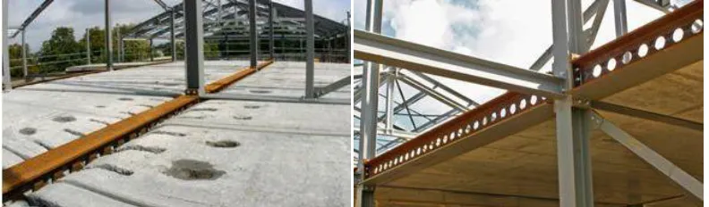 Fig. 1: USFB used with profiled steel decking (top) and with precast concrete unit (bottom) (adopted by [8]) 