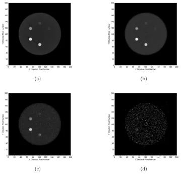 Figure 4.11: Reconstructions using the MOSC algorithm with bone and various con-centrations of gold within smaller cylinders at energy bins of 20, 40, 80, and 100, whichcorrespond to values of 22, 44, 88, and 110 keV.