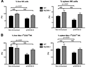 FIG. 4. Absence of phenotypic alteration of NK cells in MyD88�munized or immunized by injection with(left panels) and spleen (right panels) were quantiﬁed 36 h postinjection
