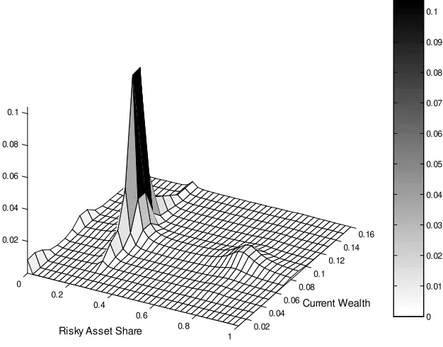 Figure 7: Joint Distribution of Current Wealth and Portfolio Choice, κ = 2