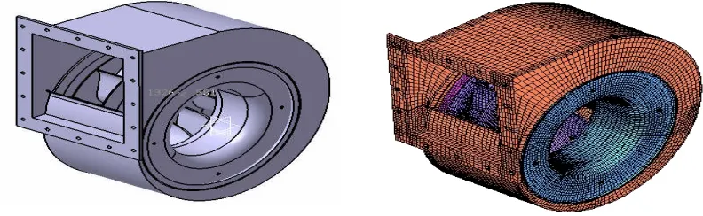 Fig. 3 Solid model of the centrifugal blower in CATIA V5 and FE model in Hypermesh 10.0   
