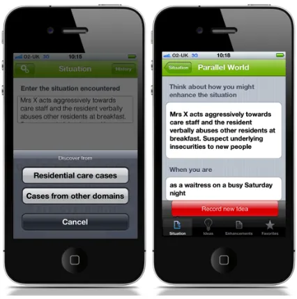 Figure 2. The Carer mobile app showing how carers describe challenging behaviors (on the left-hand side) and explore other, less constrained worlds (on the right-hand side) 