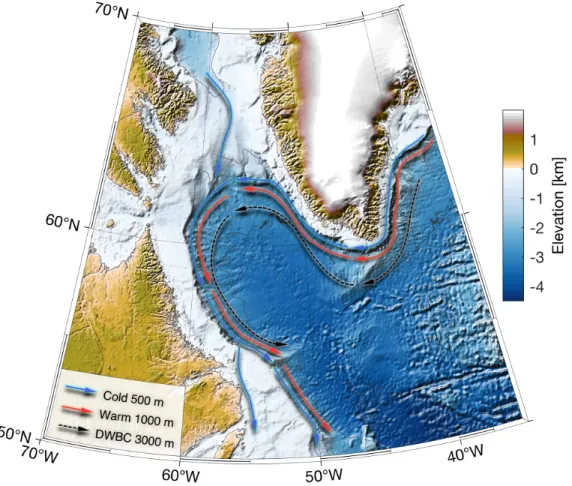 Figure 2.1: Map for the Labrador Sea Region. Arrows indicate the approximate path of the cyclonic gyre circulation, including the Deep Western Boundary Current (DWBC)
