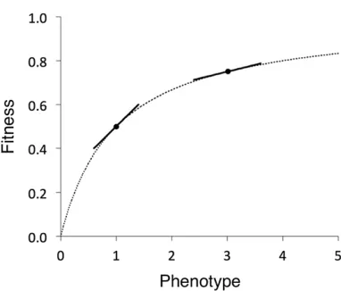 Figure 5 Concave ﬁtness functions and near neutrality. The curve y = x/(1 + x) shows a hypothetical relationship between ﬁtness and phenotypicvalues of a trait