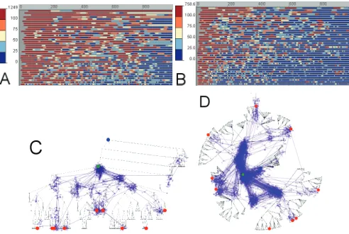 Fig. 8. The map shows the positive and negative differences between the counts of eye moves (violet and green arrows, respectively) and area visits (red and cyan circles, respectively) for user groups 2 and 1.