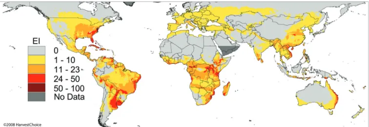 Fig. 3. CLIMEX Environmental index (EI) map for C. partellus, worldwide.