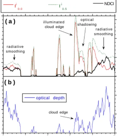 Figure 2. 3D radiative effects. (a) A 5-km fragment of zenith radiances, I ↓ (x), calculated by Monte Carlo methods for “black” surface ( ρ sur  = 0.0), and “bright”