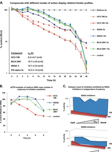 FIG. 2. NS5A-targeting compounds exhibit delayed onset of inhibition. (A) Replicon 1b cells were treated with different HCV inhibitors at 5�indicated time points