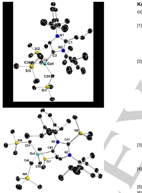 Figure 2. Molecular structure of 3 (top) and 4 (bottom) with 50% probability displacement ellipsoids