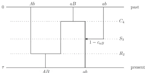 Figure 2 Possible ancestral recombination(0 to be of types–selection graph with G =R2, S3, C4) for two ordered individuals from time step t to time step AB and ab in this order.