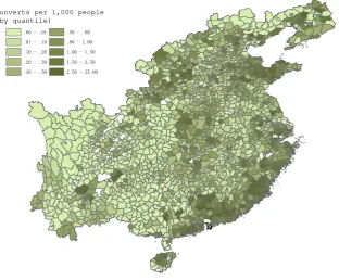 Figure 1. Protestant Converts per 1,000 people in 1920 