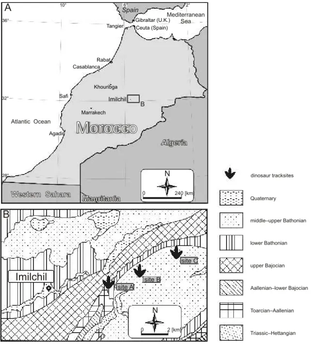 Fig. 1. Lo ca tion of the new di no saur tracksites in the Cen tral High At las of Mo rocco A — map of Mo rocco; B — geo log i cal map of the Imilchil area, af ter Fadile (2003)