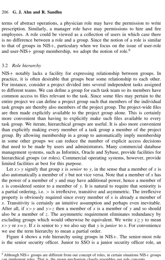 Figure 4 shows a role hierarchy using groups in NISC. The senior-most role is the senior security officer