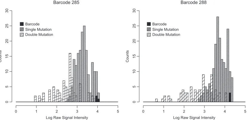 FIG. 3. Effect of barcode mutation on hybridization efﬁciency. Viral genomic RNA from a double-barcoded virus (5�transcribed, Cy labeled by asymmetric PCR, and hybridized to a custom array tiled with all possible point mutants and a subset of double mutant
