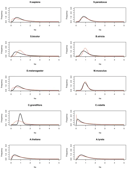 Figure S5: Distribution of Ne for 10 species with estimated mean shape parametersfrom the Bayesian analysis assuming no recombination for two diﬀerent distribu-tions: σNe for log-normal (black line) and βNe for gamma (red line).