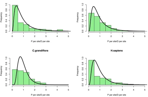 Figure 2 Distribution of the per site polymorphism/divergence ratio across genes for four species and corresponding distributions of Ne (solid line)estimated by hierarchical Bayesian analysis assuming a log-normal distribution.