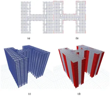 Fig. 1. Model details (a) Plan view of H-shape structure without shear wall (b) Plan view of H-shape structure with shear wall (c) 3D view of H-shape structure without shear wall (d) 3D view of H-shape structure with shear wall 