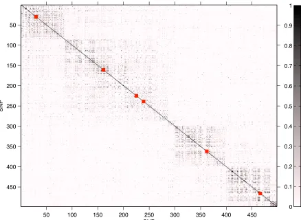 Figure S.1: Heat-map of the pattern of correlation, linkage disequilibrium (LD) for Yorubapopulation, HapMap project, in the region ENm014 spanning 500-Kb (chrom 7: 126,368,183-126,865,324 bp)