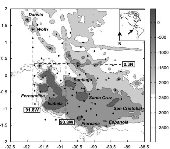 Fig. 1. Bathymetry (m) of the Gala´ pagos Archipelago, sampling stations and presented vertical proﬁles at 91.81W, 0.31 N, and 90.81W.