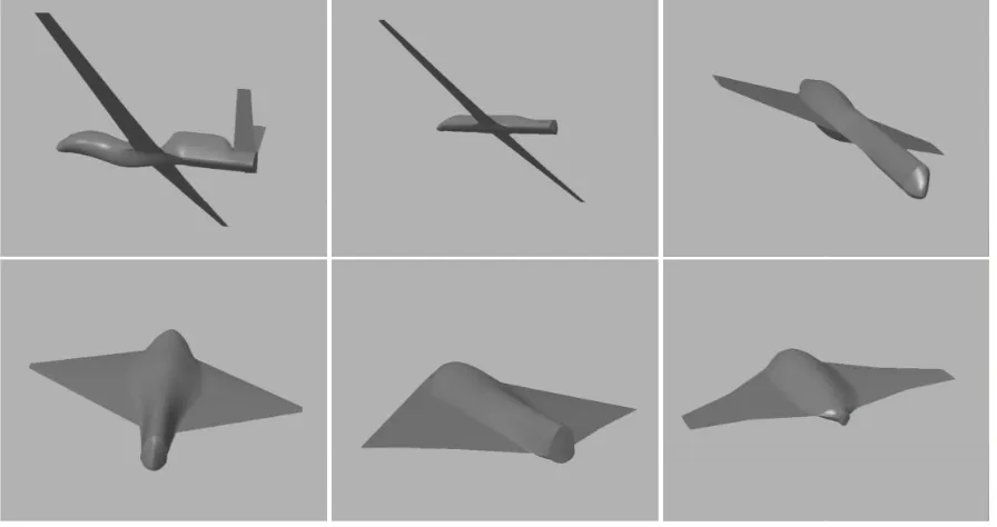 Fig. 1A selection of geometries generated by the geometry service, including a clone of theGlobal Hawk (top left), morphing into an X-47 clone (bottom centre).