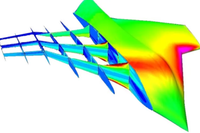 Fig. 5Composite schematic illustrating the stress distribution in the internal structure of anaircraft model, as well as the pressure distribution on the external surface that gave rise tothese stresses.