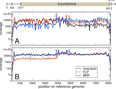 FIG. 1. Coverage of the reference genome obtained with ﬁltered,trimmed reads. (A) First data set (run), (B) second data set (run)