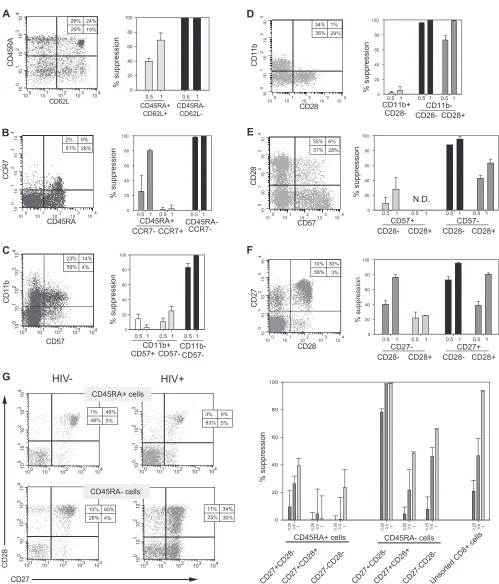 FIG. 3. Transitional memory CD8�CD8independent experiments with different CD8and CD11b (C), CD28 and CD11b (D), CD57 and CD28 (E), CD27 and CD28 (F), and CD45RA, CD27, and CD28 (G)