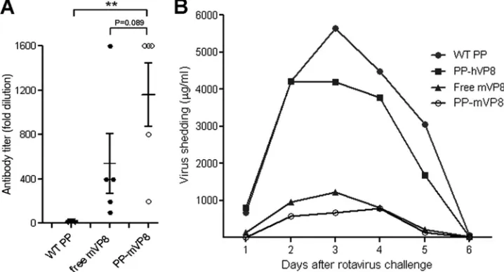 FIG. 9. Protection after immunization of mice with P particle-VP8 chimeric vaccine against a mouse rotavirus infection
