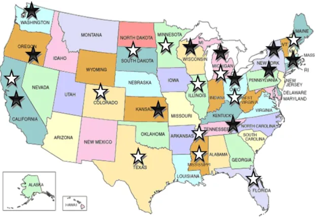 Figure 1. Shows a map of the United States with selected programs represented by stars
