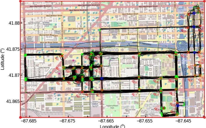 Figure 10. Intersections detected from turning points. Thirty six intersection are identiﬁed, including29 true intersections in red circles and seven spurious intersections in red crosses