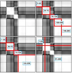 Fig. 9.  (Top-left) Correlation matrix (white = 1 or -1; black = 0), and selected regions in configurations (top-right) C-1, (bottom-left), C-2, and (bottom-right) C-3 for 92AV3C data set with F=20 features