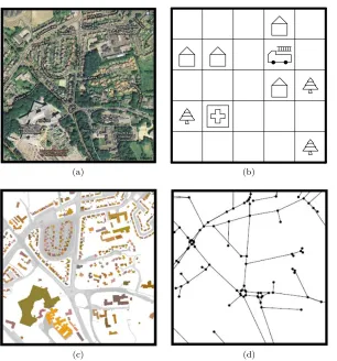 Fig. 4. (a) A geographical area and its representation using (b) a Grid, (c) vector GIS ﬁles and(d) a Network.