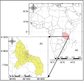 Figure 1. Africa and Tanzania (a) study area, Dar es Salaam (b). 