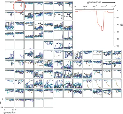 Figure 3.—Change in selective pressures at single sites over time in replicate simulations of enhancer 6