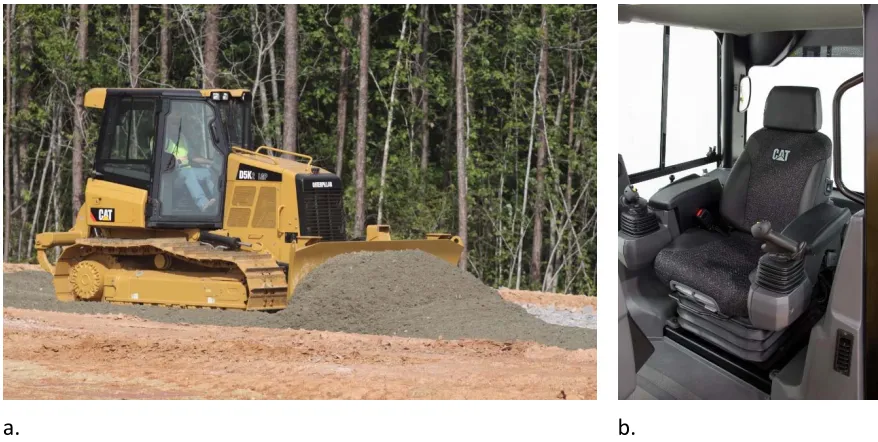 Figure 1.1  a. A drive-by-wire construction machine.  b. The operator station with adjustable, seat-