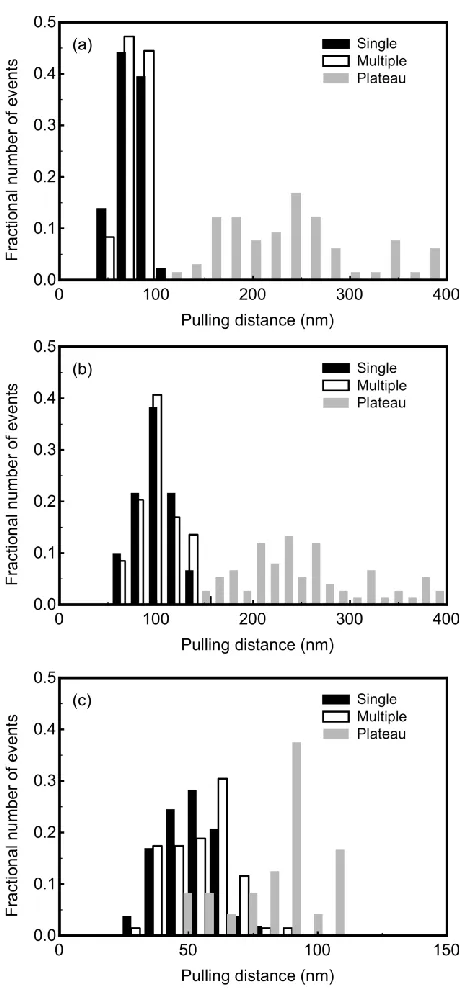 Fig. 6: Distribution of pulling distances of a PDMAEMA comb (dry thickness 3.3 nm) grafted to a Si surface at pH 7 and ionic strength: (a) 5 mM showing single, multiple events (70-80 nm), and plateau events (237 nm); (b) 50 mM showing single, multiple even