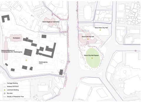 Figure 13. Samcheong-dong: Spatial analysis with cultural activity (Source:tensions of cultural usage within the context of heritage and government building and in relation to new forms of public space, with an evolving building typology from the Old to th