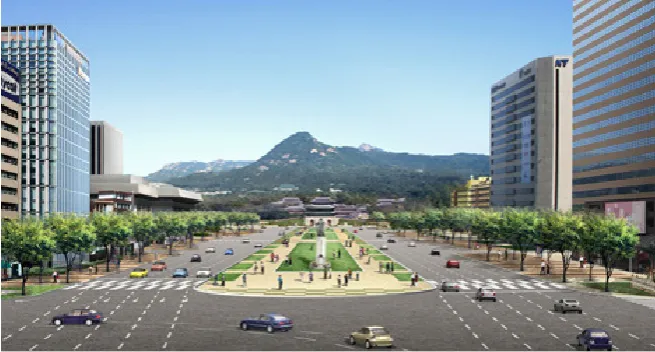 Figure 7. Views of new public space along Sejong-no and Gyeongbok Palace (Source: Yoo, 2010)